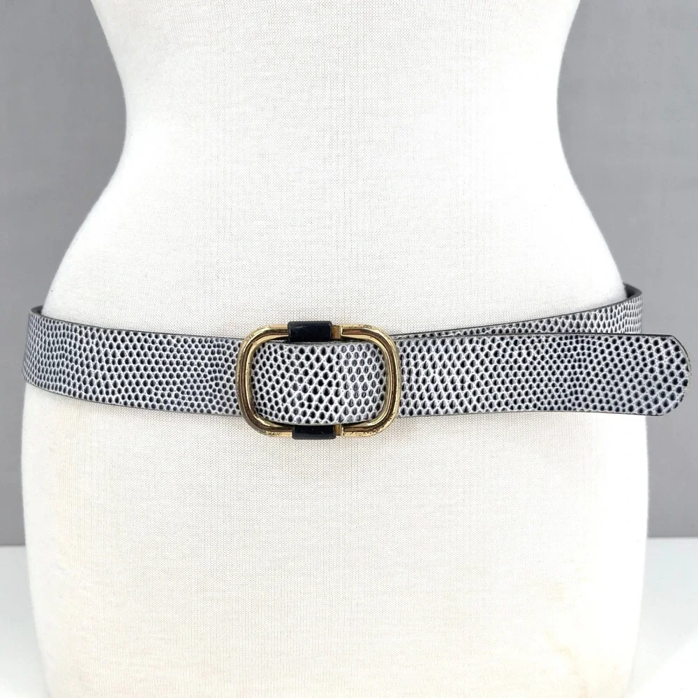 J.Crew Womens M L Leather Belt Black White Shagreen Print Italian Quiet Luxury